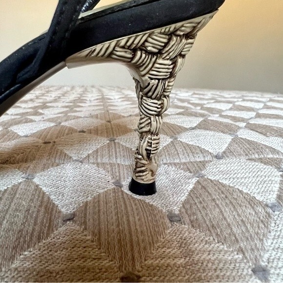 Casadei‎ Black Sandals w/ Ankle Strap & Rattan Bamboo Look Heels Women Sz US 4.5 - Picture 8 of 15